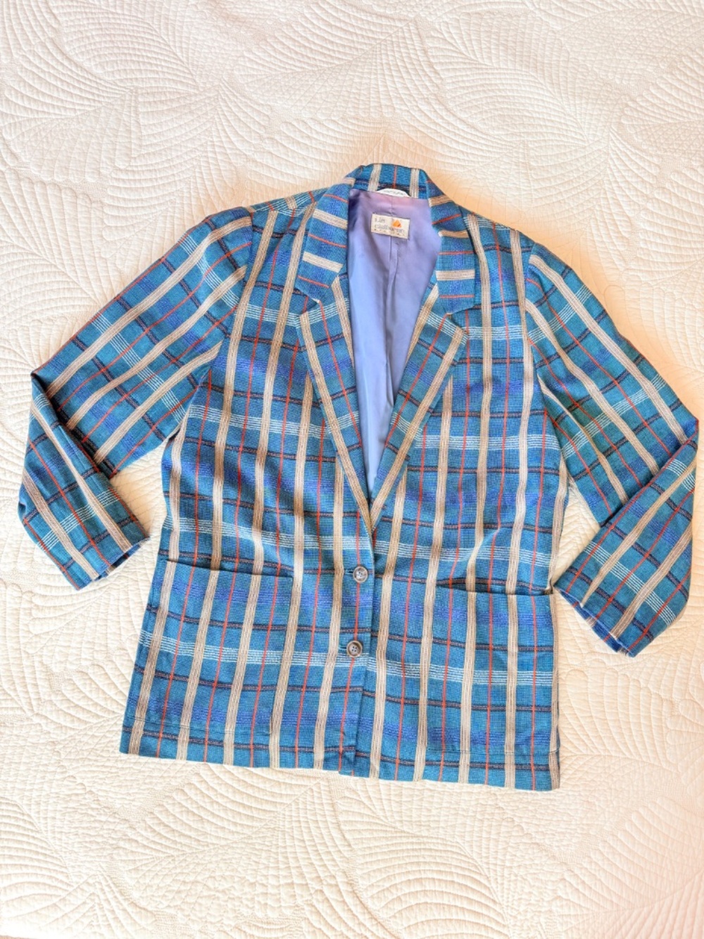 VTG 90s Preppy Academia Grandpacore Linen Blend Teal Plaid Blazer | Sz 10